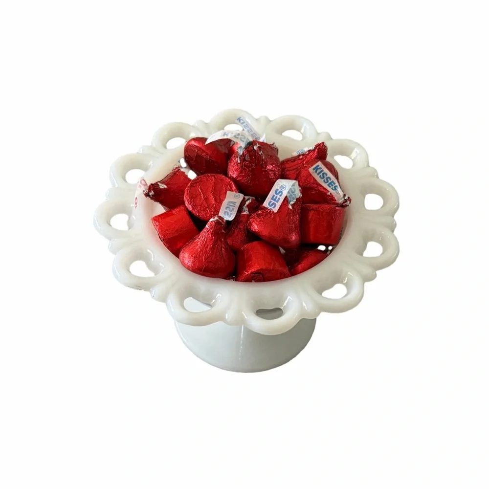 Vintage Anchor Hocking Lace Edge Milk Glass Pedestal Bowl | Candy Trinket Bowl